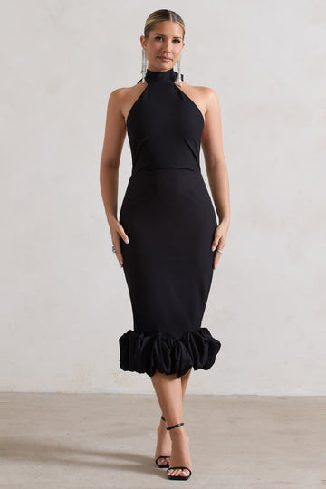 Ashton Black High-Neck Midi Dress With Ruffle Hem